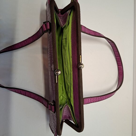 Chinese Laundry Clutch 2 Handle Hot Pink Faux Croc Green Lining Kiss Lock - Picture 6 of 12